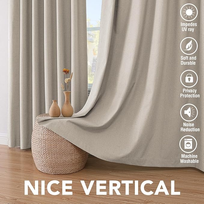 H.VERSAILTEX 100% Blackout Curtains for Bedroom Thermal Insulated Linen Textured Curtains Heat and Full Light Blocking Drapes Living Room Curtains 2 Panel Sets, Cobblestone, 52x63 Inch HVERSAILTEX