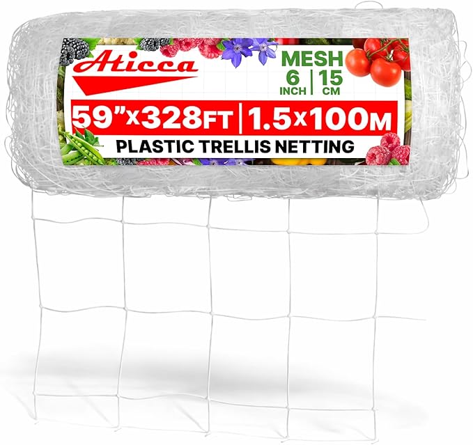 Plastic Trellis Netting 59" x 328 ft Heavy Duty Plant Support Netting White - 6 Inch Garden Trellis on Roll - Mesh for Growing Vine Climbing Plants, Flowers, Peas, and Cucumber Aticca