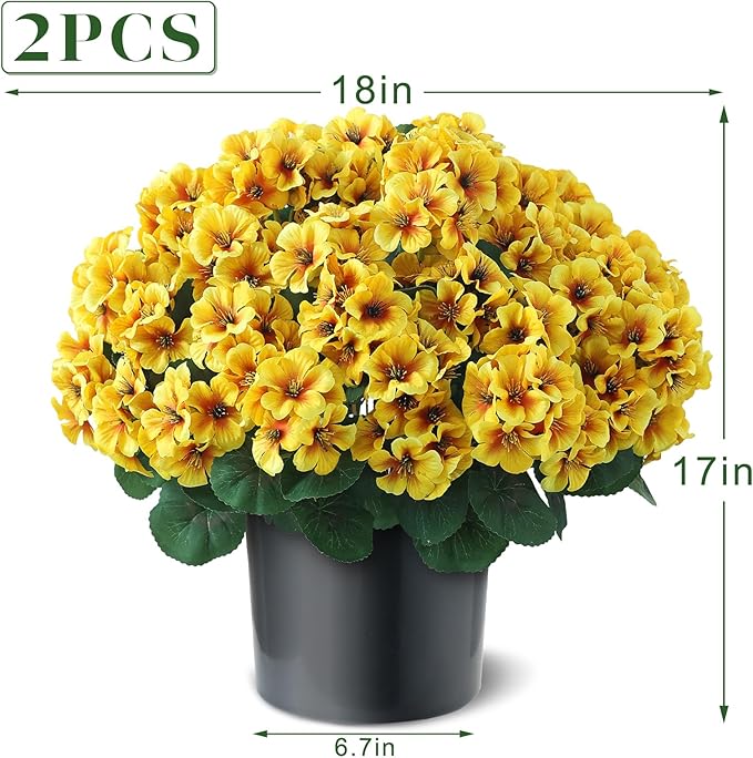 2 Pack Artificial Geranium Flowers Topitary Trees for Outdoors, UV Resistant Geraniums Potted Bushes Look Real Silk Faux Plants for Front Door Garden Porch Planter Farmhouse Home Decor (Yellow) GLIDLION