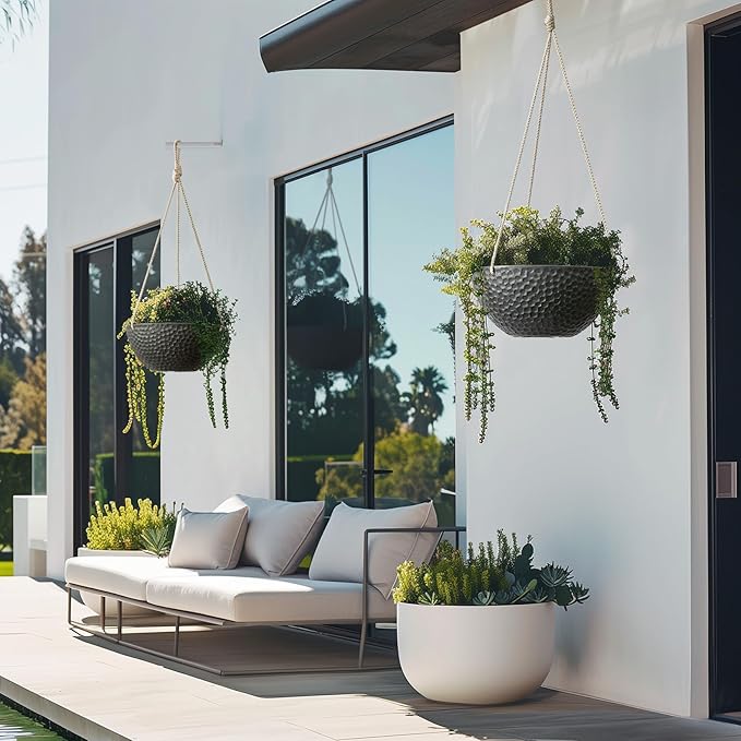 LA JOLIE MUSE Hanging Planters for Indoor Plants, Medium Hanging Planters with Drain Holes, Outdoor Hanging Flower Pots, Matte Black, Honeycomb (10 Inch, Set of 2) LaJol%C3%ADeMuse