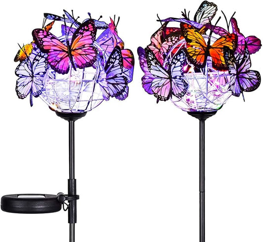 Outdoor Solar Garden Lights - 2 Pack Solar Powered Garden Stake Lights with 18 Butterflies and Copper String Lights, Multicolor Doingart