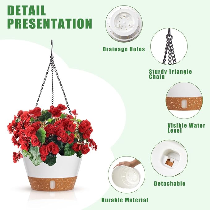 Amyhill 6 Pcs 8 Inch Hanging Planter for Indoor Plants Self Watering Hanging Pot Baskets with Drainage Hole Visible Water Level Tray with Hooks for Garden Outdoor(White) Amyhill