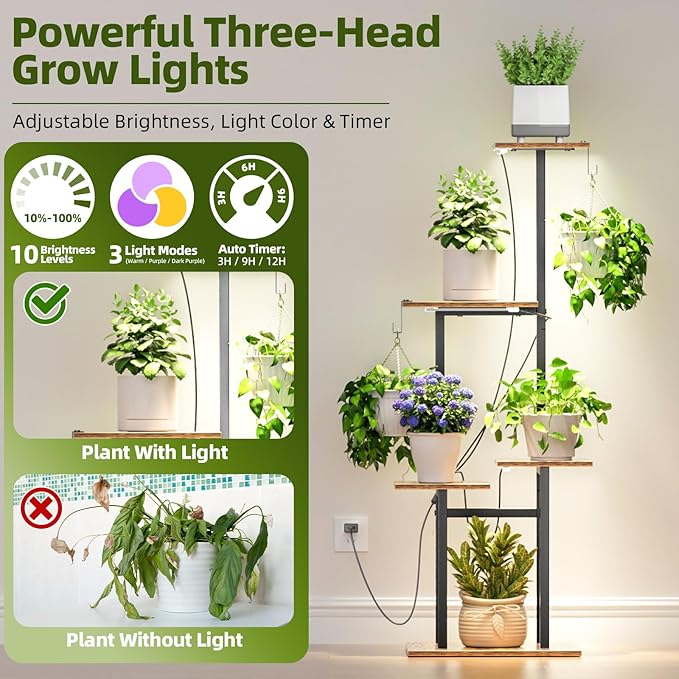 Plant Stand Indoor with Grow Lights, 46" Metal Corner Plant Shelf with 3 LED Lights, 2 Hanging Hooks, 5-Tiered Tall Plant Flower Holders for Living Room, Garden, Patio (Black Brown) Unlumm