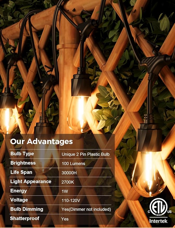 XMCOSY+ 48FT Outdoor String Lights Waterproof - LED Patio Hanging Lights for Outside Porch Backyard Gazebo Garden, Commercial Grade 16 Edison Bulbs XMcosy