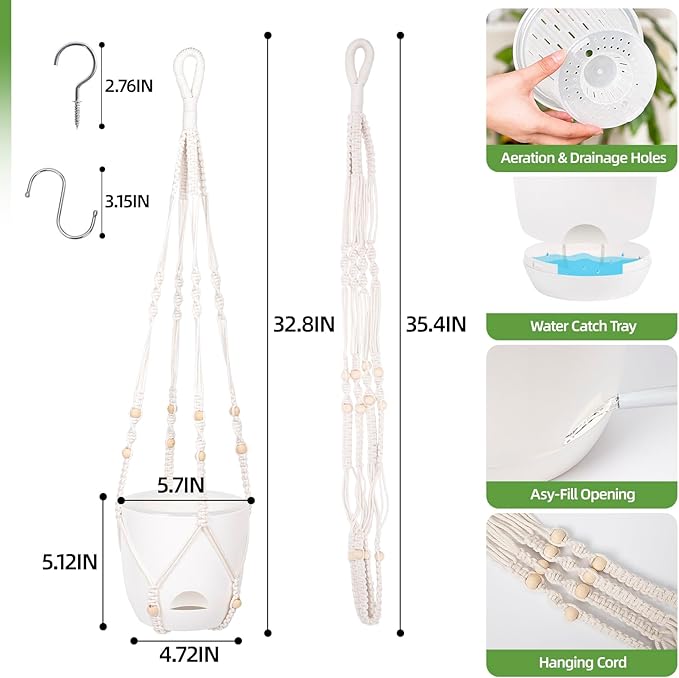 2-Pack 5.7-Inch Self-Watering Hanging Planters for Indoor & Outdoor Plants,34Inch Macrame Hanger Plant Pots Indoor with Drainage,Small Hanging Planters & Baskets,With Two Sets of Hooks（Pure white） QCQHDU