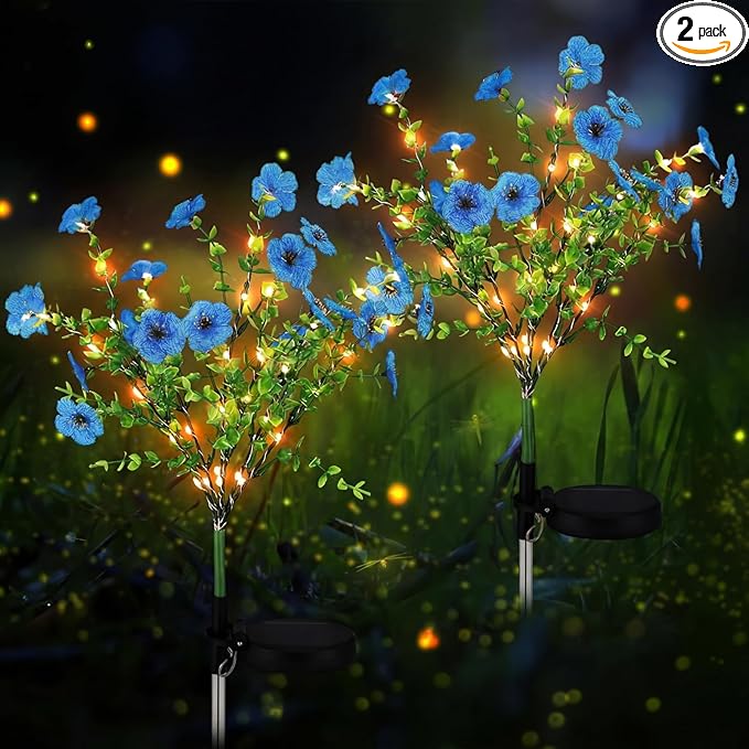 2 Pack Solar Stake Lights Outdoor Decor Waterproof Mums Artificial Flowers Solar Lights for Outdoor Garden Yard Pathway Decor (Blue,Violet) Glooglitter