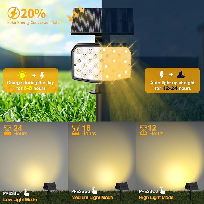 Solar Spot Lights Outdoor Waterproof Adjustable Solar Powered Landscape Lights for Yard 3 Long Time Lighting Modes Spotlights for Pathway Garden Outside Wall Pool Porch- 10 Pack, Warm White NACINIC