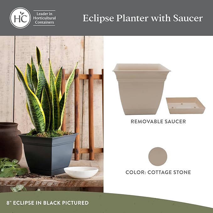 The HC Companies 12 Inch Eclipse Square Planter Pots w/Drainage Holes & Attached Saucer, Lightweight UV-Resistant Plastic Indoor Outdoor Planters, 2-Pack Flower Pots, Garden Home Decor, Cottage Stone TheHCCompanies