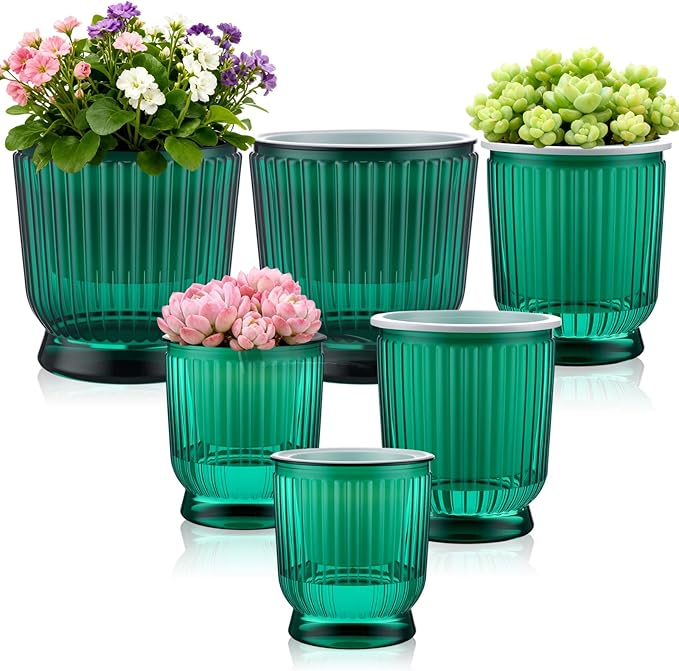 Set of 6 Self Watering Plant Pot 3 Sizes Plastic Double Layer Self Watering Flower Pot with Multi Mesh Drainage Holes Wicking Reservoir for Indoor Outdoor Garden Plants(Green) Rootora