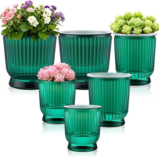 Set of 6 Self Watering Plant Pot 3 Sizes Plastic Double Layer Self Watering Flower Pot with Multi Mesh Drainage Holes Wicking Reservoir for Indoor Outdoor Garden Plants(Green) Rootora