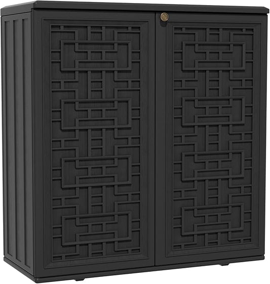 Indoor Outdoor Storage Cabinet Waterproof with Shelf,Plastic Storage Sheds Outdoor Cabinets for Patio/Garden/Backyard, Size 34.3''L*15''W*36.2''H（Black） Mrosaa