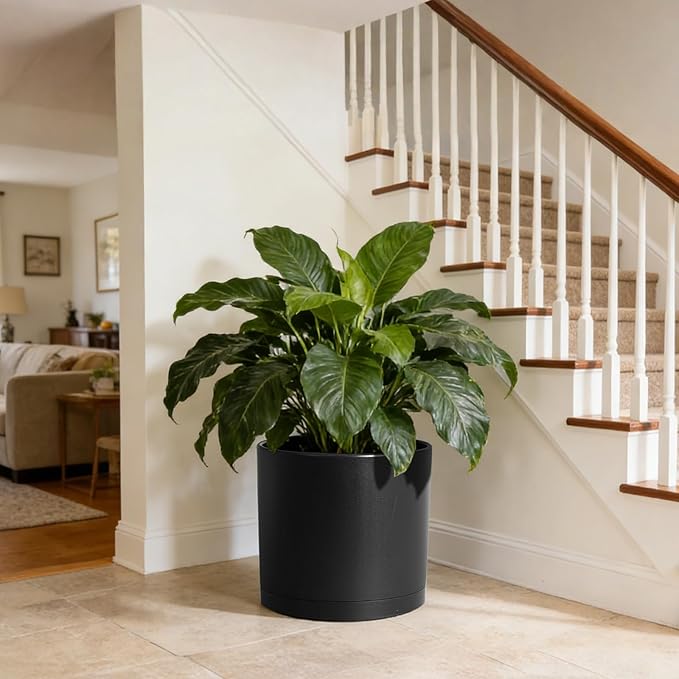 14 Inch Heavy-Duty Cylinder Deep Planter for Indoor Outdoor Plants, Tall Large Plastic Plant Pot with Drainage Holes and Saucer, Decorative Flower Pot for Patio Garden, Black WSMKSZ