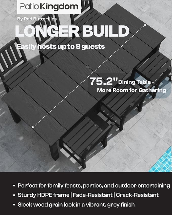 5-Piece Black Outdoor Dining Set for 4, 75.2'' HDPE Table with Umbrella Hole & Chairs, Weather-Resistant Patio Furniture for Garden, Lawn, or Poolside PatioKingdom