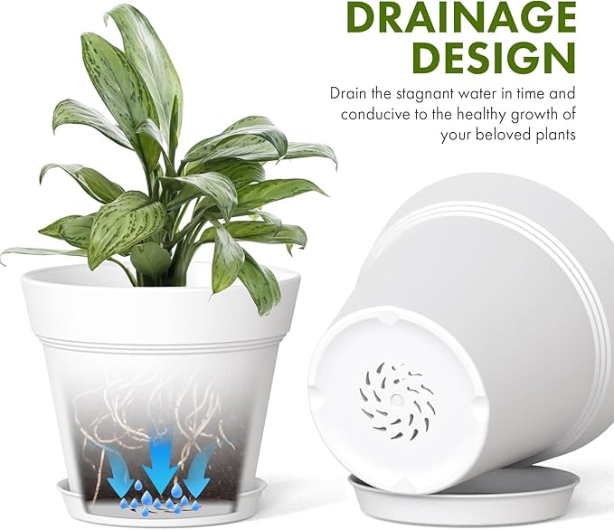 4 Inch Plastic Plant Pots with Drainage Holes and Trays – 8 Pack Small Nursery Pots for Indoor & Outdoor House Plants and Flowers, Seedling Starter Planters, White WSMKSZ
