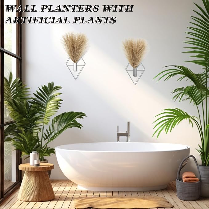 2 Pieces Boho Wall Decor Hanging Planters with Artificial Plants Metal Hanging Vase Indoor Plants Holder Modern Wall Art for Bathroom Bedroom Living Room Decor, Silver, Pampas Grass Canlierr