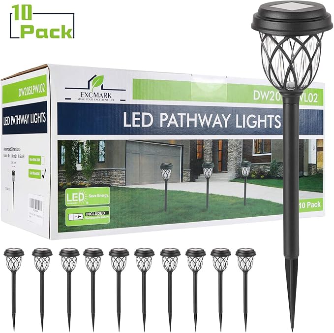 EXCMARK 10 Pack Solar Lights Outdoor Garden Pathway Solar Powered Yard Lights for Walkway Sidewalk Driveway. ExcMark