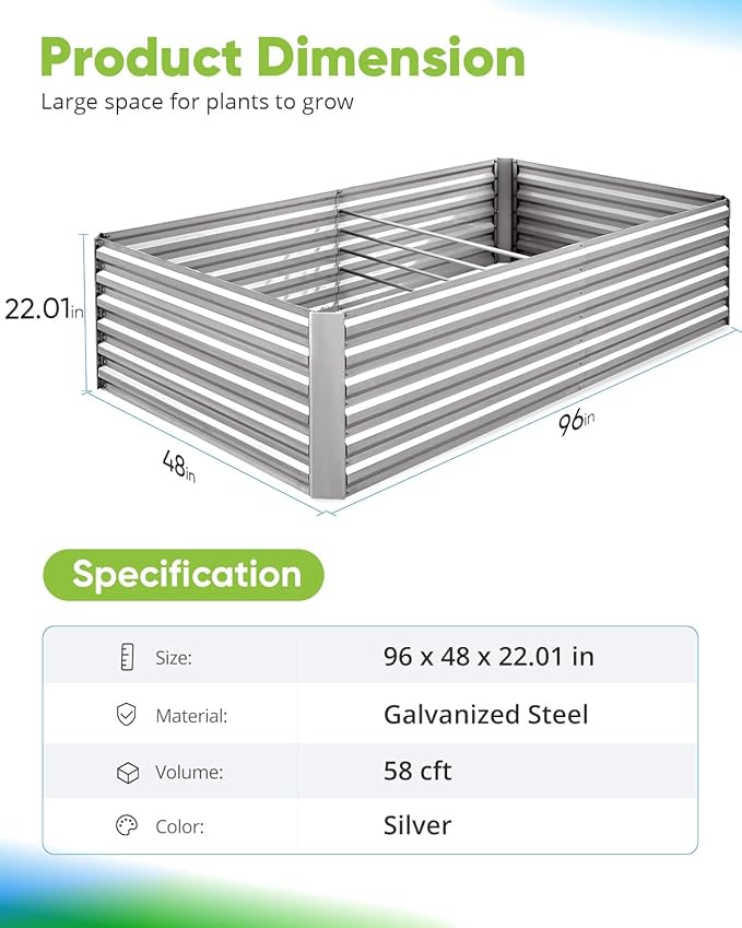 Quictent Galvanized Raised Garden Bed 8x4x2 Ft Tall Metal Planter Box for Vegetables Outdoor Bottomless for Backyard, 2 Tomato Cages Included, 22.04" Deep (Silver) QUICTENT