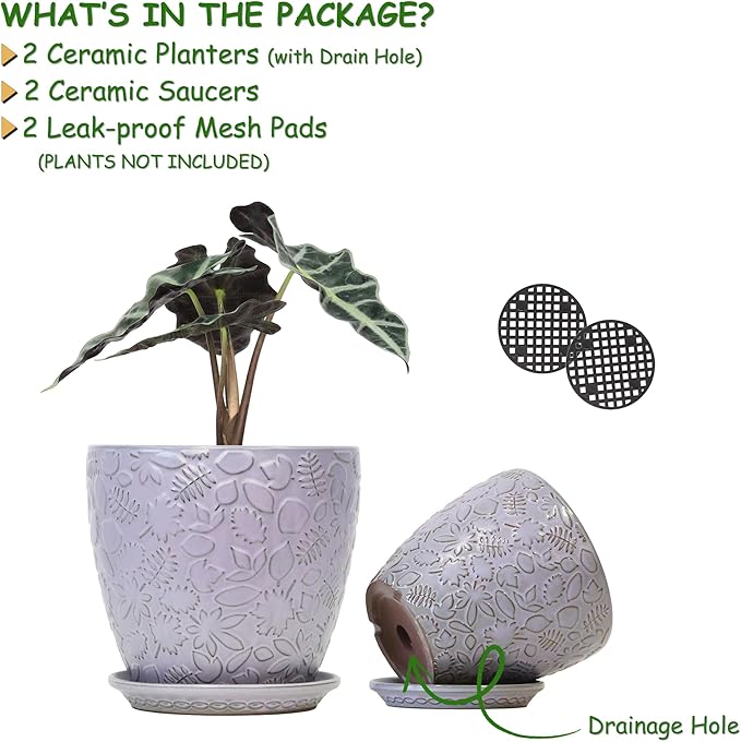 8 Inch + 6 Inch Retro Ceramic Planter Set of 2 with Drainage Hole and Saucer for Multiple Plants, Indoor-Outdoor Garden Pots for Succulent, Orchid, and Flower (Retro Purple) Bestseler