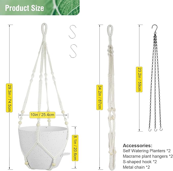 10 inch Self Watering Hanging Planters, 2 Pack Hanging Baskets for Indoor Outdoor Plants, Hanging Flower Pots with Drainage Holes and 2 Kinds of Plant Hangers for Garden Decor, Speckled White Meowell