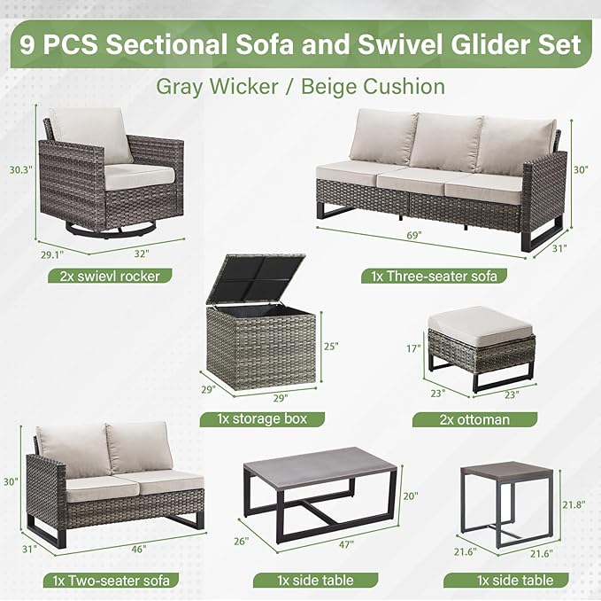 Belord Patio Conversation Set with Swivel Glider Chairs - 9 Piece Outdoor Sectional Furniture Set with Storage Box and Metal Top Table Gray Wicker/Beige Cushions Belord