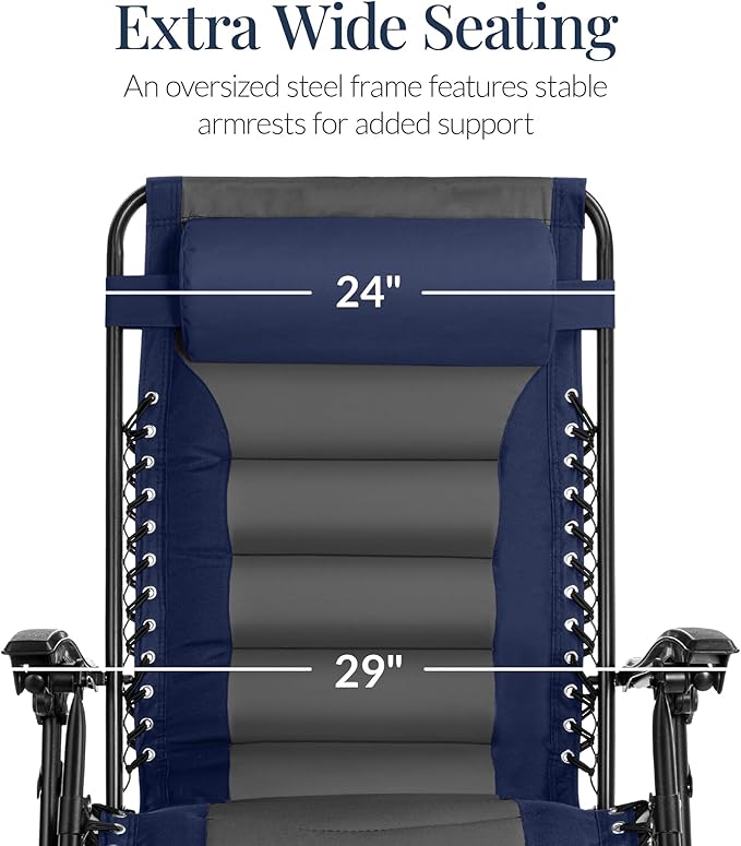 Best Choice Products Oversized Padded Zero Gravity Chair, Folding Outdoor Patio Recliner, XL Anti Gravity Lounger for Backyard w/Headrest, Cup Holder, Side Tray, Polyester Mesh - Navy/Gray BestChoiceProducts