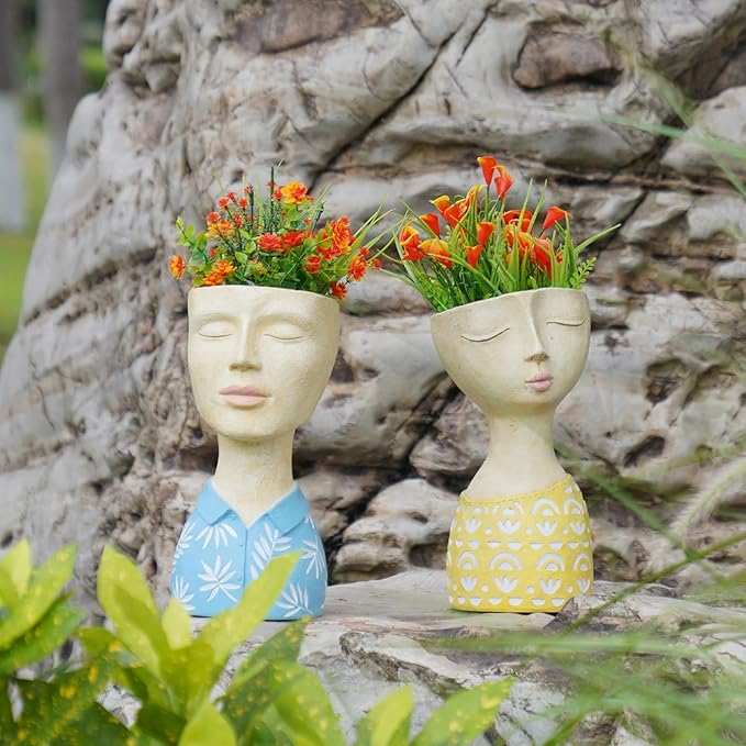 DiliComing Face Planter Pot Head Planter - Resin Blue Boy Head Planters for Indoor Outdoor Plants Decorative Flower Pot for Garden Home Office Bust Sculpture Plant Stand 5x6x10.5 Inch DiliComing