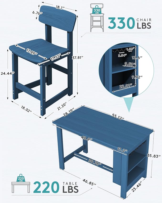 SERWALL 3-Piece Outdoor Counter Height Bar Set, HDPE Patio Bar Table with Wine Rack & Storage Shelf, 2 All-Weather Bar Stools, Patio Bar Dining Furniture Set for 3, Blue SERWALL