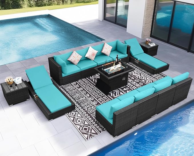 NICESOUL 13-Piece Patio Furniture Set with Fire Pit, High-End Big Group Outdoor Patio Set with Fire Pit & Chaise Lounge, Wicker 29.3'' High Back Sofa Deep Sitting, Grey & Turquoise NICESOUL
