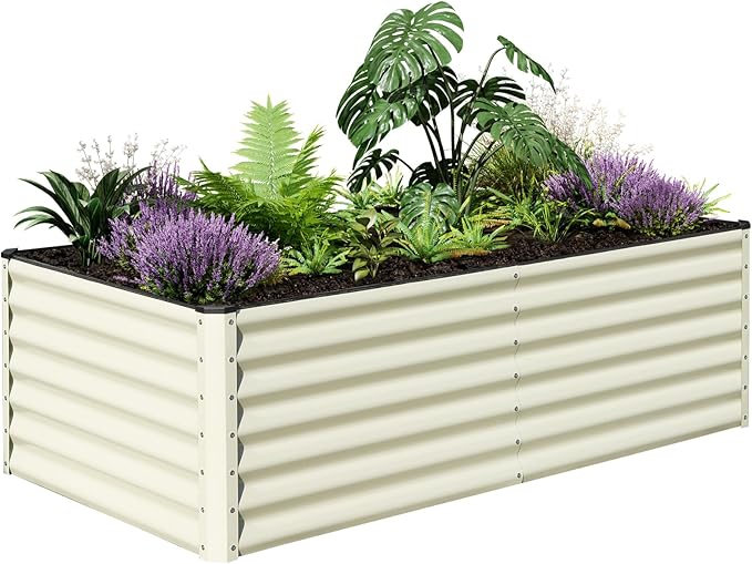 SnugNiture Galvanized Raised Garden Bed 6x3x2FT Outdoor Large Metal Planter Box Steel Kit for Planting Vegetables, Flowers, Beige White snugniture