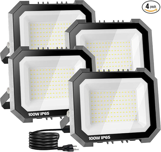 4 Pack LED Flood Lights Outdoor, 100W 10000LM Super Bright Floodlight Outside Work Light with 5.9FT Plug, IP65 Waterproof 6000K Outdoor LED Flood Light for Garage, Yard, Lawn, Garden LEDDICTIVE
