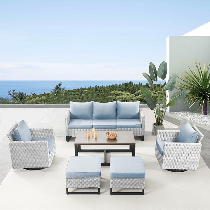 Belord 6 Piece Outdoor Furniture Patio Wicker Sofa Set, Oversize Outdoor Swivel Rocker Chairs with Rattan Ottomans, Conversation Sets Patio Furniture Come with Removable Cushion Baby Blue, Light Grey Belord