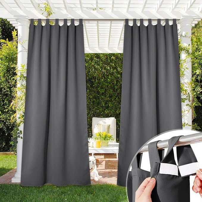 NICETOWN Outdoor Curtain for Patio Waterproof 95 inch Length, Sticky Tab Top Thermal Insulated Blackout Window Treatment Divider Protect Privacy for Cabana/Arbor, 1 Piece, W52 x L95, Grey NICETOWN
