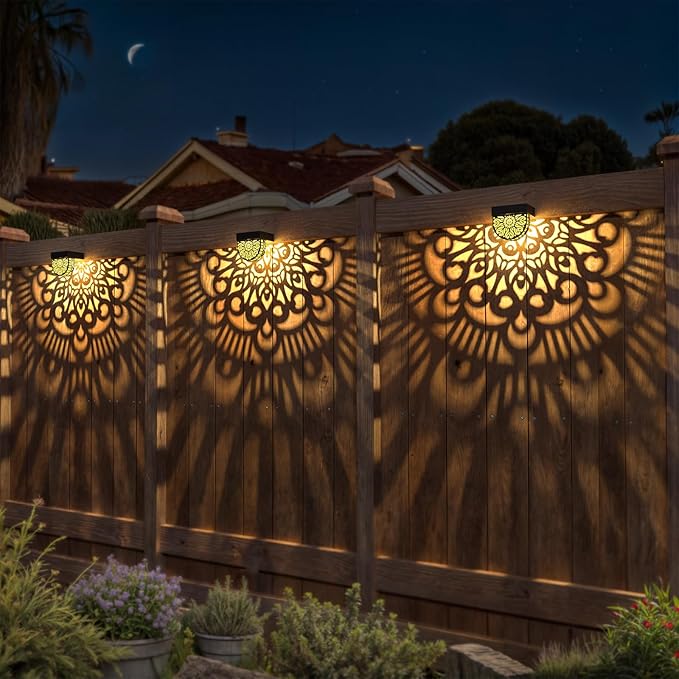 6 Pack Solar Fence Lights Outdoor Wall Lights Gold Plastic Solar Powered Deck Step Stair Lights Mandala Theme Waterproof Fence Solar Light for Garden Post Patio Backyard Yard Decor EKQ