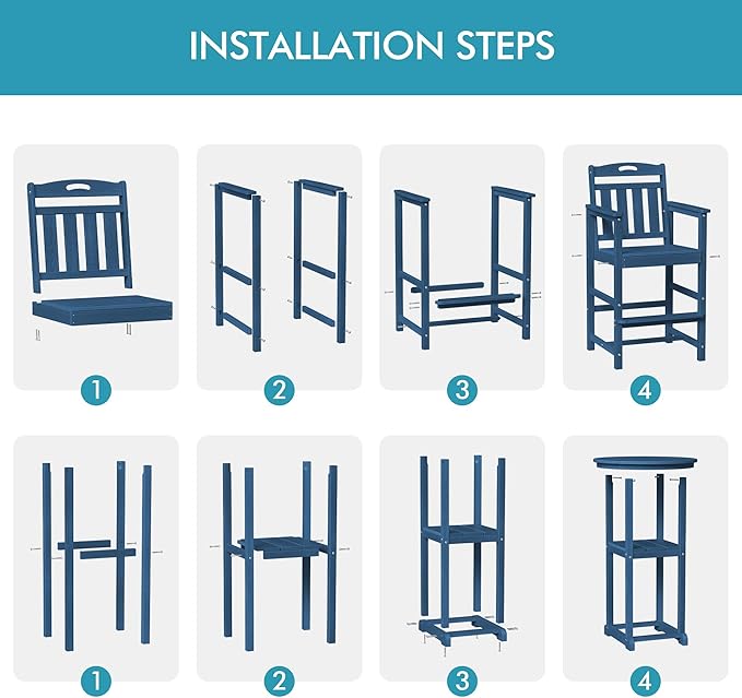 Ciokea 3-Pcs Bistro Table and Chairs, All-Weather Round High Top Bar Table with Storage Shelf and 2 Oversized Adirondack Chairs, Heavy Duty Outdoor Bar Patio Bistro Set for Balcony Deck, Navy Blue CIOKEA