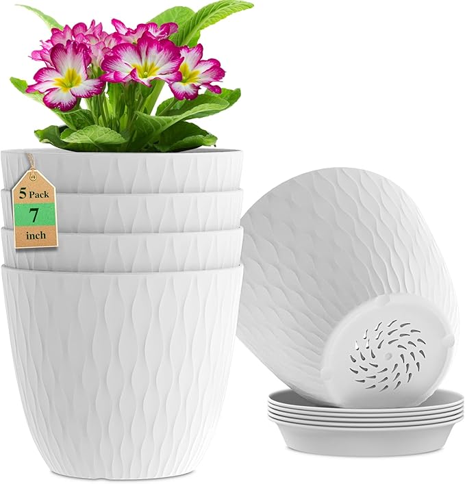 7 inch Plant Pots, 5 Pack Flower Pots with Drainage Holes and Saucers for Indoor Plants, Plastic Planters with Water Ripple for Small Garden House Plants, Nursery Pots for Succulent, White WSMKSZ