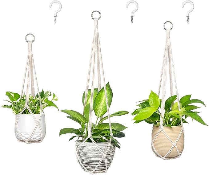 Dahey Macrame Plant Hanger Set of 3 with Hooks Indoor Hanging Planter Basket 35"/29"/23" Handmade Woven Cotton Rope Flower Pot Crochet Plant Holder Stand for Boho Home Decor No Tassels,Beige Dahey