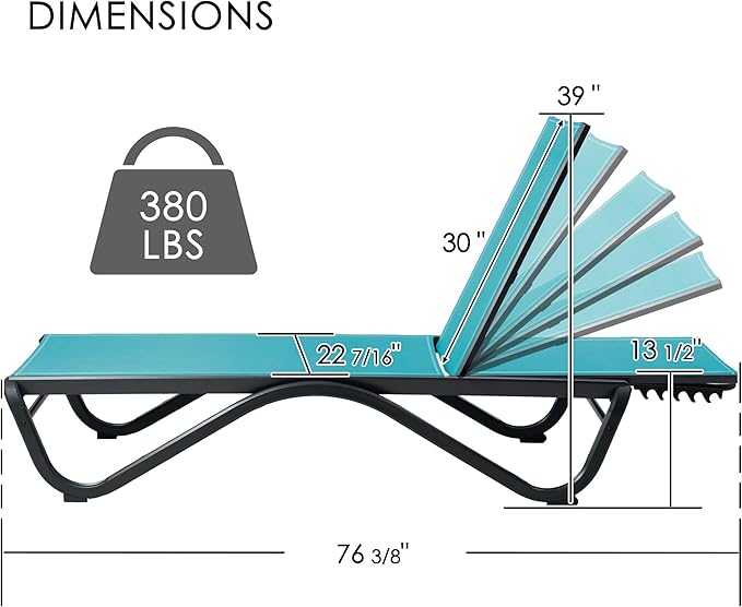 Kozyard Outdoor Chaise Lounge Chair, Full Aluminum Frame, Adjustable Reclining Patio Lounger for Poolside, Sunbathing & Backyard, Textilene (Aqua, 2Chairs) Kozyard