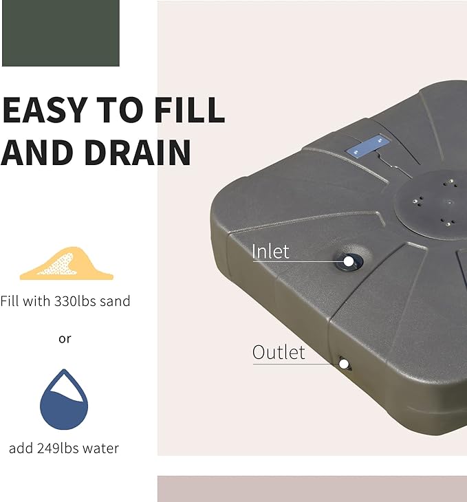 Outsunny Square Cantilever Patio Umbrella Base with 4 Wheels for Easy Moving, Heavy Duty Umbrella Stand Weight, 330 lb Capacity Sand or 249 lb Capacity Water, Coffee Outsunny