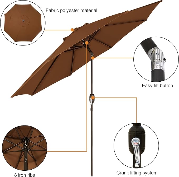 Blissun 9' Outdoor Patio Umbrella, Outdoor Table Umbrella, Yard Umbrella, Market Umbrella with 8 Sturdy Ribs, Push Button Tilt and Crank Blissun