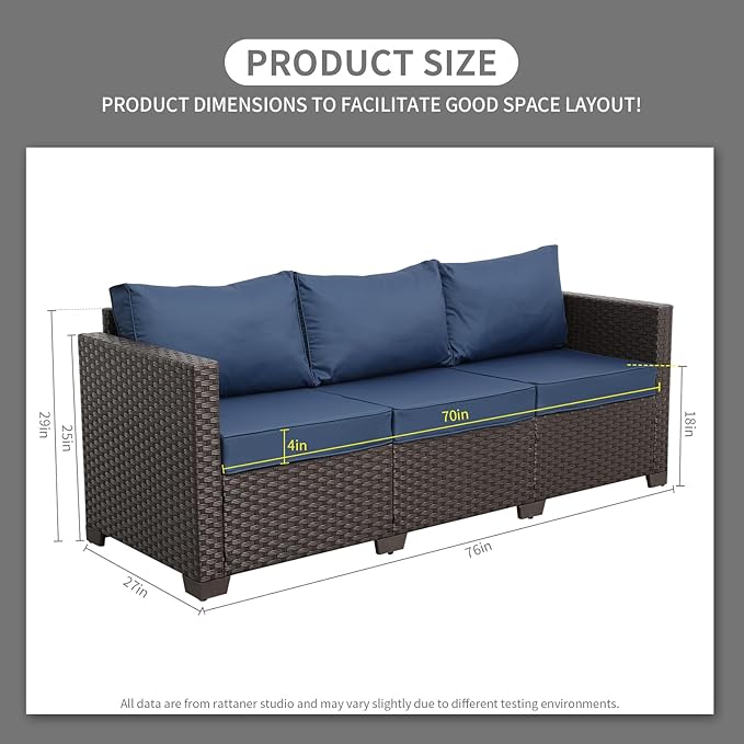 Rattaner 3-Seat Patio Wicker Sofa, Outdoor Rattan Couch Furniture Steel Frame with Furniture Cover and Deep Seat High Back, Blue Anti-Slip Cushion. Rattaner