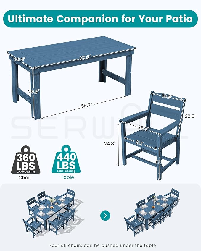 SERWALL Outdoor Dining Table Set, 67‘’ HDPE Patio Dining Set for 4, All-Weather Outdoor Table and Chairs Set for Deck, Blue SERWALL