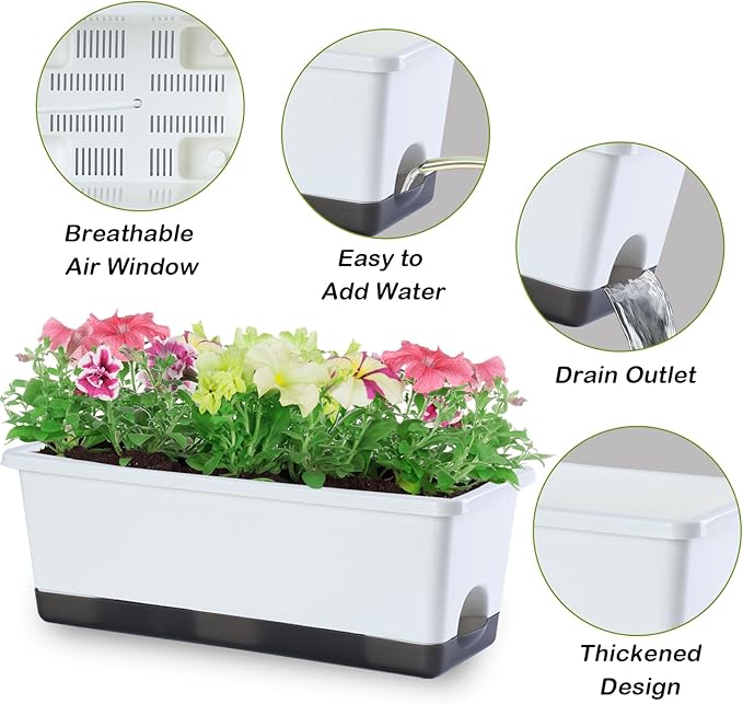 Window Box Planter 8 Pcs, 17 Inches Rectangle Flower Pots with Drainage Holes & Trays, Vegetable Planters for Windowsill Patio Garden Balcony Home Indoor Outdoor (White, 16 * 7 * 6 inch) Oliz