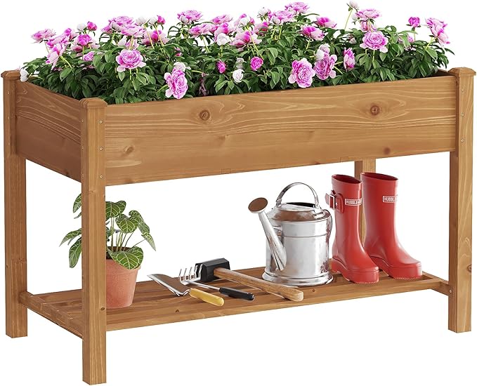 FILWH Raised Garden Bed with Legs Elevated Wooden Planter Box Stand Large Planter Stand Box for Fruits Vegetables Flowers with Divider with Bag - 48 * 24 * 30.5IN（Brown） FILWH