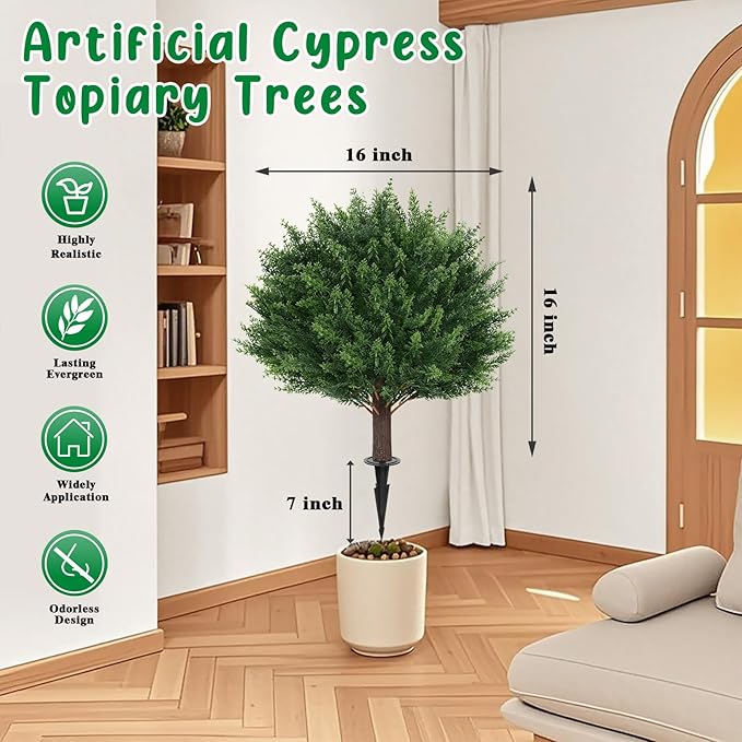 Artificial Cypress Topiary Tree with Ground Spike, Set of 2 Artificial Shrub Bushes, Fake Evergreen Tree for Porch, Artificial Plants for Outdoor Planters Indoor UV Resistant FEELTHENEWWORLD