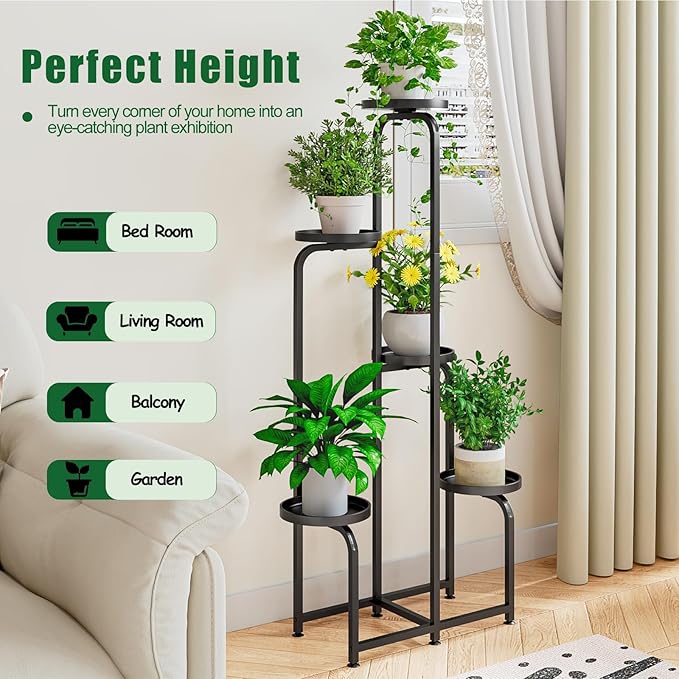 Plant Stand Indoor Outdoor 5 Tier Metal Plant Shelf for Multiple Plants Corner Flower Holders for Living Room Balcony Bedroom Patio Garden, Black (Black, 5-Tier) INGIORDAR
