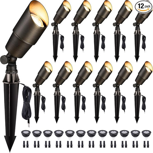 Gardenreet LED Spot Light Outdoor - Die-Cast Brass 12V Uplighting Waterproof, Low Voltage Landscape Lights Metal, Bronze for Fence Fountain with Bright White MR16 Replaceable Bulbs (12 Pack) Gardenreet