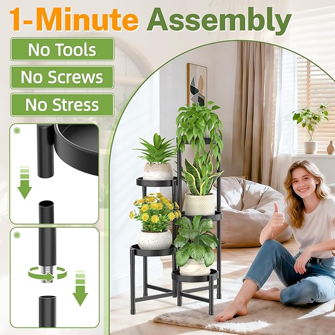 iDavosic.ly Plant Stand with Garden Tools, 5 Tier Corner Metal Flower Display Holder Shelf Indoor Outdoor, Easy Assembly Folding Tall Orchid Rack for Patio Balcony Porch Living Room House, Black iDavosicly