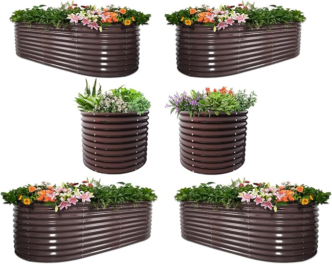 A ANLEOLIFE Set of 6, 30 Inch Extra Tall Galvanized Raised Garden Beds Kit, Large Oval & Round Metal Planters – Ideal for Backyard Vegetables Flowers Herbs, CaféBronze AAnleolife