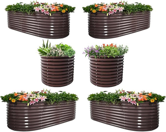 A ANLEOLIFE Set of 6, 30 Inch Extra Tall Galvanized Raised Garden Beds Kit, Large Oval & Round Metal Planters – Ideal for Backyard Vegetables Flowers Herbs, CaféBronze AAnleolife