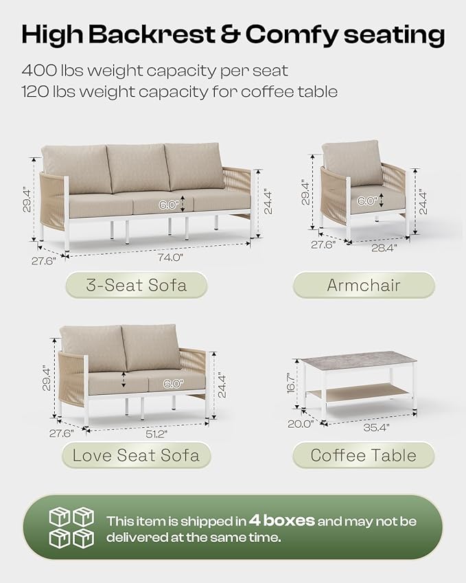 Aluminum Outdoor Sofa Armchair, HDPE Rope Patio Couch with Washable Thick Cushion, All-Weather Outdoor Patio Chairs Set of 2 for Balcony, Yard, White Frame, Ivory Oasbira